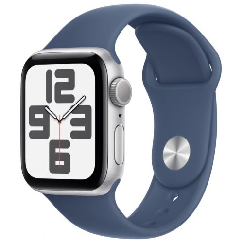Apple Watch SE GPS + Cellular 2024, 40 мм, корпус из алюминия серебристого цвета, спортивный ремешок цвета «синий деним» S/M, MXGF3Q