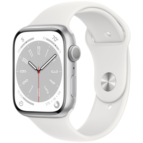 Apple Watch Series 8, 45 мм, корпус серебристый, спортивный ремешок белый, MP6N3