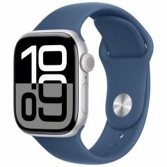 Apple Watch Series 10, 42 мм, корпус из алюминия цвета серебристый, спортивный ремешок цвета «синий деним» S/M, MWWA3Q
