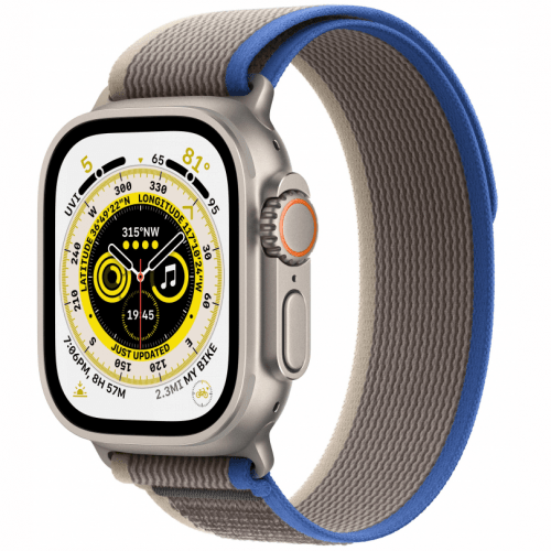 Apple Watch Ultra GPS + Cellular, 49 мм, корпус из титана, ремешок синий/серый, размер S/M, MNHH3