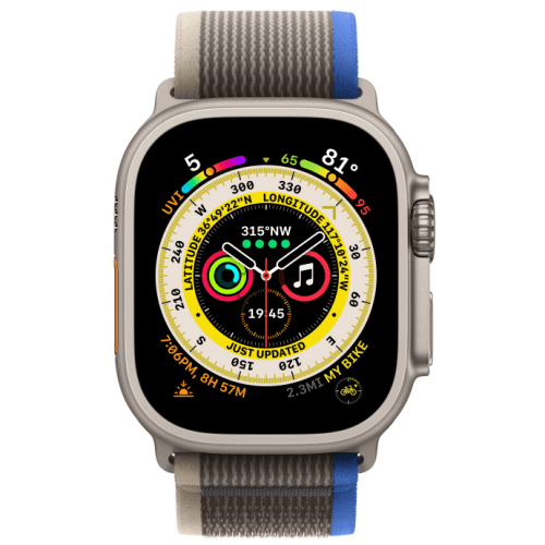 Apple Watch Ultra GPS + Cellular, 49 мм, корпус из титана, ремешок синий/серый, размер S/M, MNHH3
