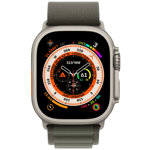 Apple Watch Ultra GPS + Cellular, 49 мм, корпус из титана, ремешок зеленый, размер S, MNHQ3