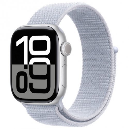 Apple Watch Series 10 GPS + Cellular, 42 мм, корпус из алюминия серебристого цвета, спортивный браслет дымчато-голубого цвета, MWX53Q