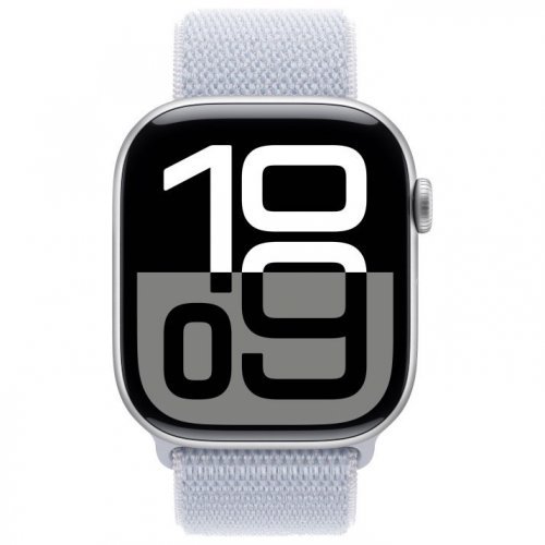 Apple Watch Series 10 GPS + Cellular, 42 мм, корпус из алюминия серебристого цвета, спортивный браслет дымчато-голубого цвета, MWX53Q