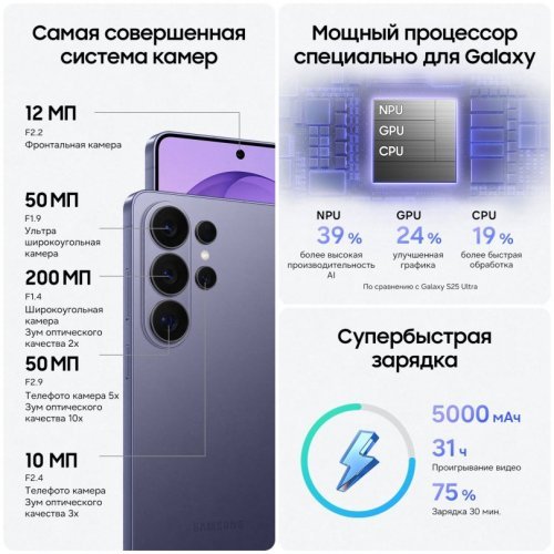 Смартфон Samsung Galaxy S26 Ultra, 256 ГБ, Фиолетовый, SM-S948B12256VLT2E1S