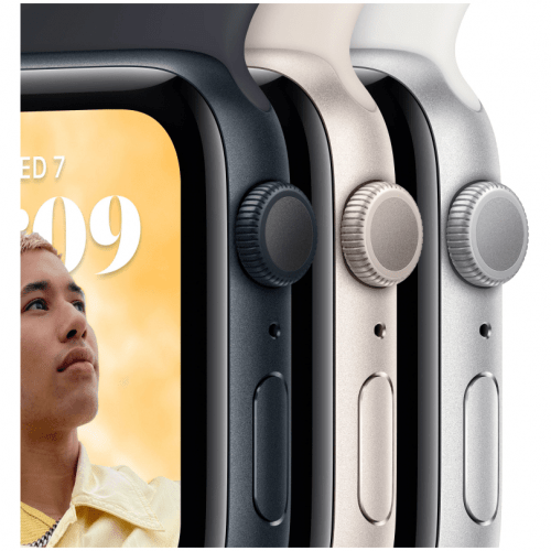 Apple Watch SE 2023, 44 мм, корпус из алюминия цвета тёмная ночь, спортивный ремешок цвета тёмная ночь S/M, MRE73