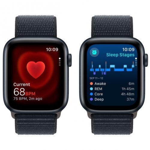 Apple Watch SE 2023, 44 мм, корпус из алюминия цвета тёмная ночь, спортивный браслет цвета тёмная ночь, MREA3