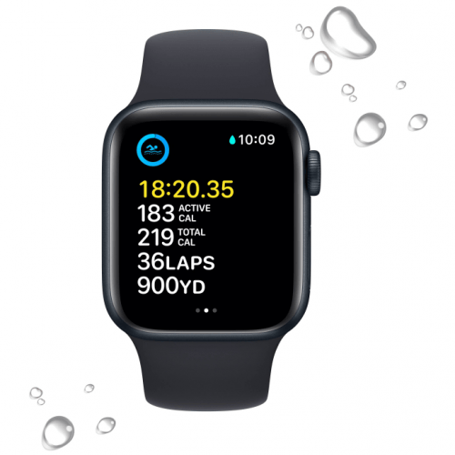 Apple Watch SE 2023, 40 мм, корпус из алюминия цвета тёмная ночь, спортивный ремешок цвета тёмная ночь S/M, MR9X3