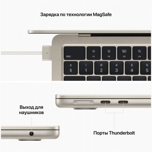 Apple MacBook Air 13" (M2, 8C CPU/8C GPU, 2022), 16 ГБ, 256 ГБ SSD, Starlight, Сияющая звезда, MC7W4